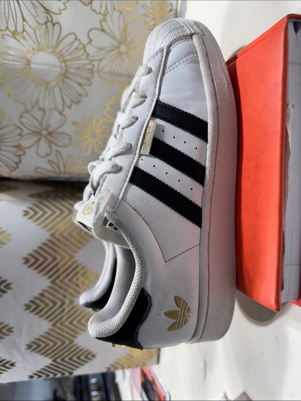 Adidas Superstar Sneakers Womens 6 White Black Gold Shell Toe Plaid Tongue